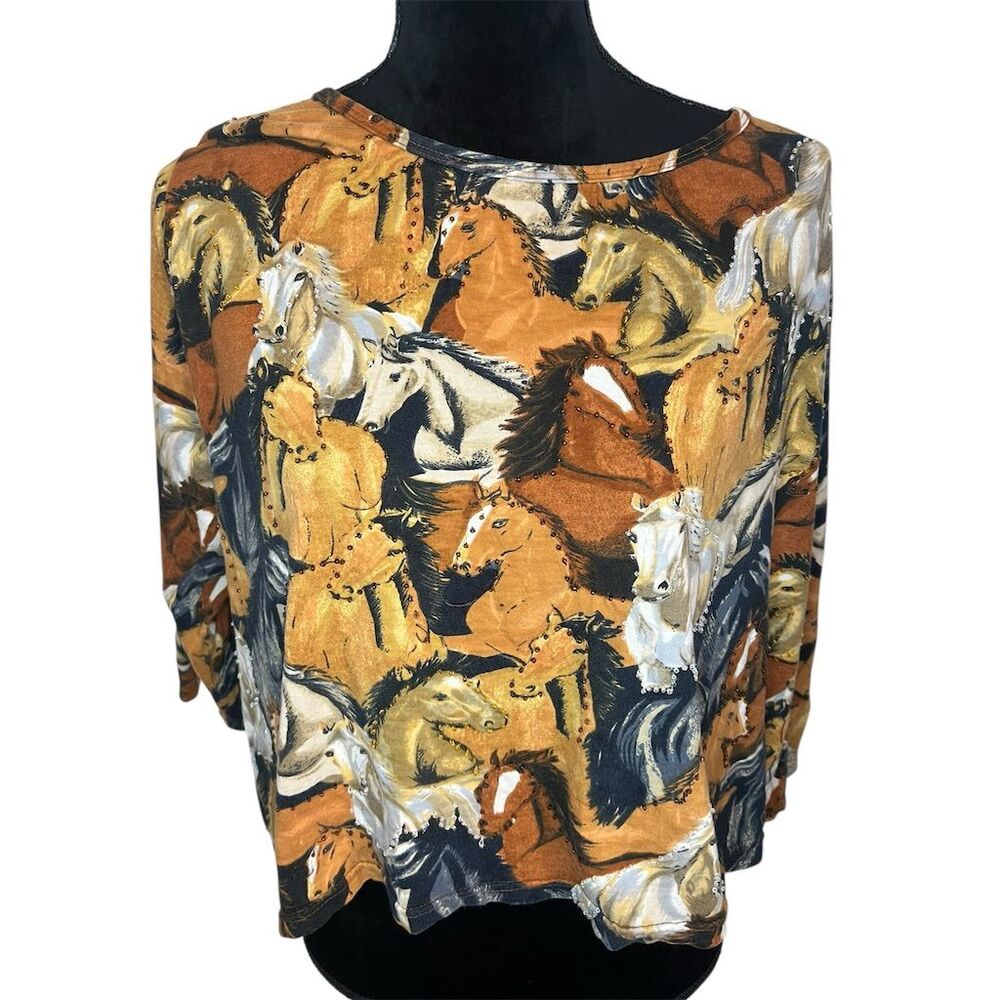 VINTAGE TAKE TWO CLOTHING‎ CO BEADED HORSES PRINT TOP WOMENS SIZE XL